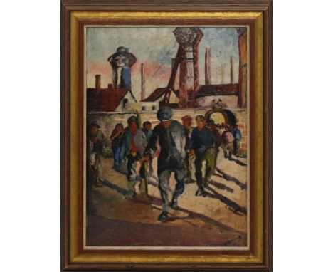 Tombrock, Hans (1895-1966) Arbeiter auf dem Heimweg. Öl/Platte (l. reinigungsbedürftig), re. u. sign. Ca. 33x 25 cm. R.
