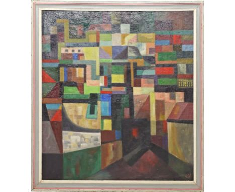 Vogt, Ekkehardt (Bochum um 1956) Kubistische Ansicht "Industrie", so verso auf Ausstellungsetikett der Frühjahrsausstellung i