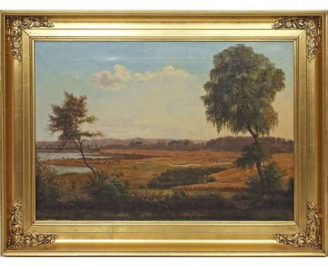 Unbekannter Maler (Ende 19. Jh.) Weite Landschaft. Öl/Lwd. (kl. Retuschen, min. rest.). Ca. 50x71 cm. R. im Empirestil. 