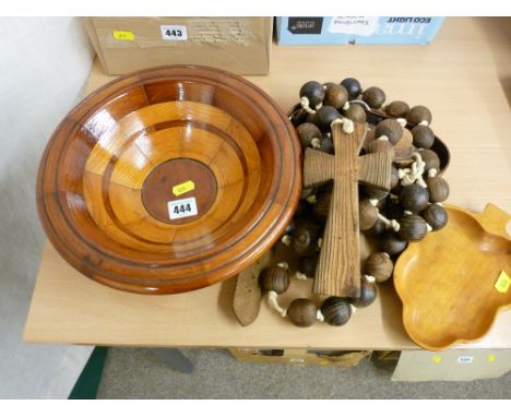 Collection of treen including a giant rosary and a vintage belt with 'Boy Scouts' buckle