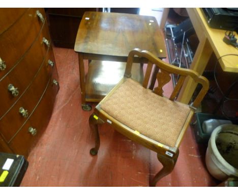 Vintage oak dressing stool, walnut two tier trolley and a wheeled metal bed table with one other