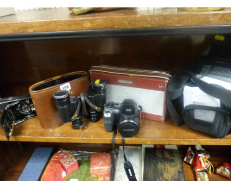 Vintage cased set of binoculars, Fuji digital camera, vintage Roberts radio and a box camera