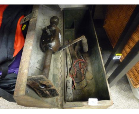 Vintage hand drill and metal toolbox with other contents