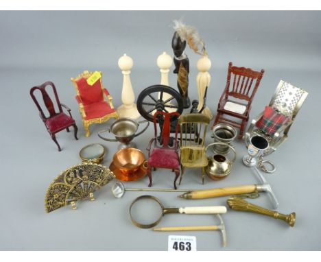 Vintage magnifying glass, quantity of miniature armchairs and other collectables