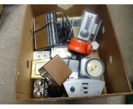 Box of vintage and other radios and clocks