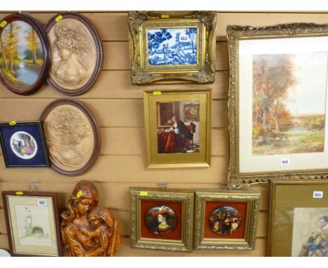 Gilt framed blue and white Ironstone porcelain plaque, a print after an Old Master and two gilt framed vintage style pot lids