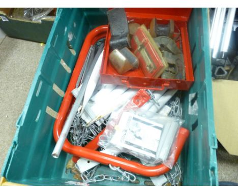 Crate containing emergency rope ladder and garage items