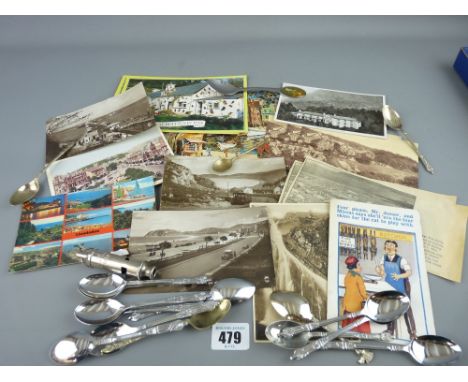 Small selection of vintage postcards, an Acme scout whistle, quantity of apostle teaspoons etc
