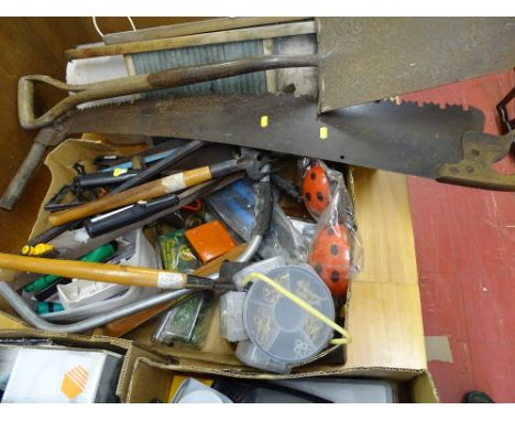 Box of miscellaneous garage items including vintage two handled saw