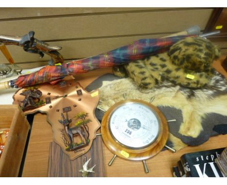 Wall barometer, animal skin, soft toy, walking stick, ornamental pistol set etc