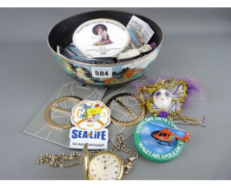 Pottery fruit bowl and collectable contents including a vintage style pocket watch