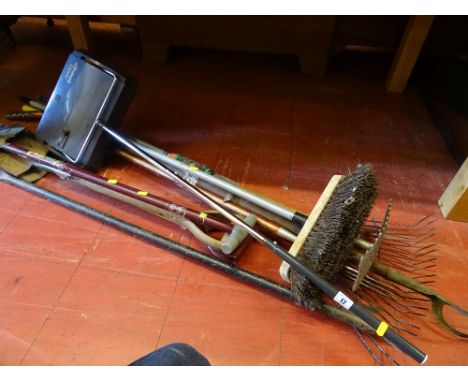 Parcel of garden tools and a Ewbank etc