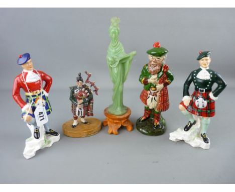 Four Scottish Highland figurines and a jade effect model of a woman on stand, various makers