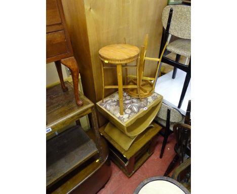 Oak magazine rack/coffee table, a vintage 'X' frame seat and two matching circular plant stands