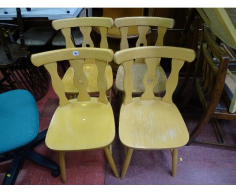 Four light wood kitchen chairs by J P L and a loom style bedroom chair