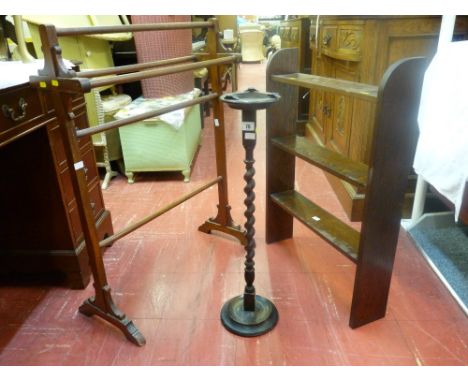 Barley twist smoker's stand, a small oak open book rack and a vintage mahogany towel rail
