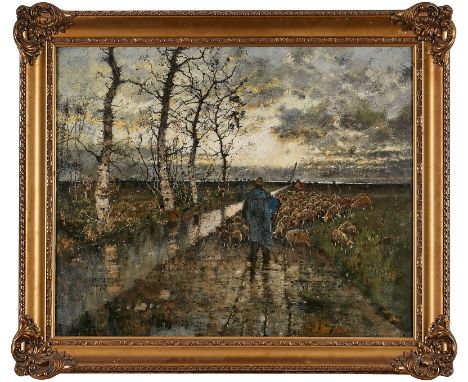 Gemälde Karl Heffner1849 Würzburg - 1927 Berlin "Schäfer mit seiner Herde am Kanal" u. li. sign. u. dat. u. bez. K. Heffner M