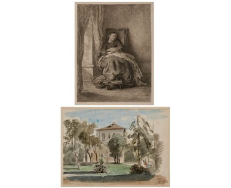 Aquarell u. RadierungPhilipp Rumpf 1821 Frankfurt - 1896 Frankfurt "Grüneburgs Garten u. Schlafendes Mädchen" eines u. re. mo