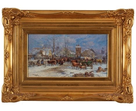 Gemälde Karl Stuhlmüller1859 München - 1930 Etzenhausen "Viehmarkt im Winter" u. li. sign. u. bez. K. Stuhlmüller München Öl/