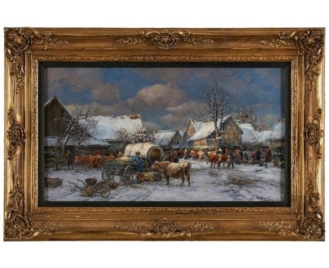 Gemälde Karl Stuhlmüller1859 München - 1930 Etzenhausen "Winterlicher Rindermarkt mit Planwagen" u. re. sign. u. bez. K. Stuh