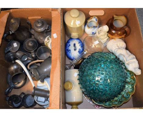 A Doulton stoneware hunting jug; an Edwardian etched decanter; stoneware jelly mould; Parienne ware figure, etc; a quantity o