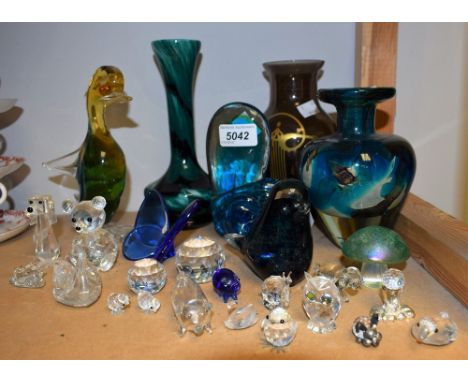 Glassware - a Mdina glass sculpture; another, vase; a Murano duck; other animals including Swarovski glass swans, etc; a Wedg