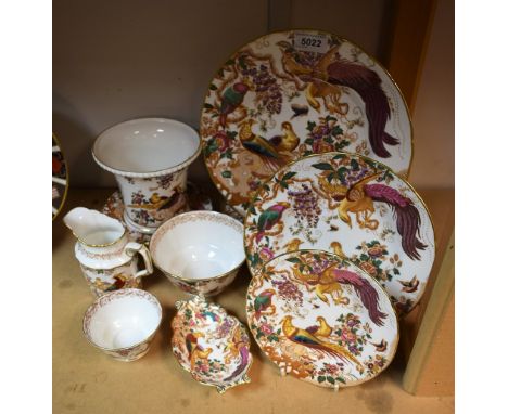 A Royal Crown Derby Olde Avesbury pattern flared cylindrical vase, milk jug and sugar bowl, five dessert plates, three tea pl