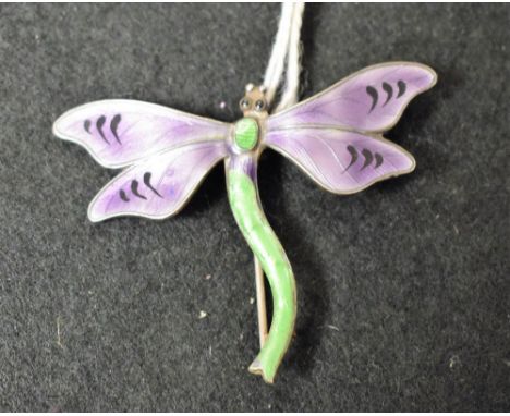An Art Nouveau Sterling silver and enamel dragonfly brooch, J,A + S.