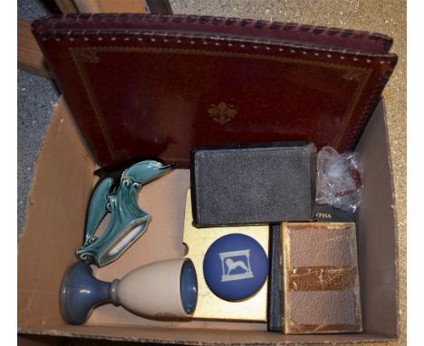 A Wedgwood Jasperware trinket box, To Celebrate The Wembley Exhibition 1924;  a Poole dolphin;  a goblet To Commemorate DVLA 