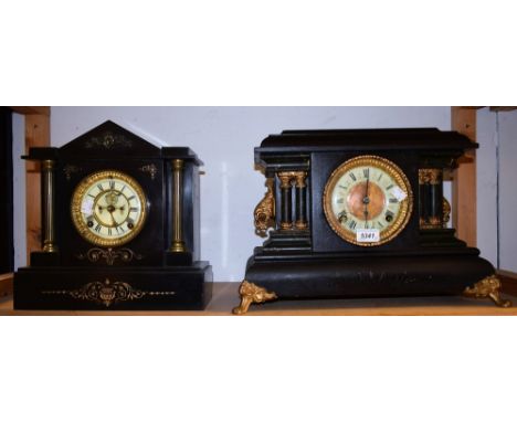 A 19th century Ansonia black slate mantel clock; another, Gilbert Clock Co, ebonised and gilt metal (2)