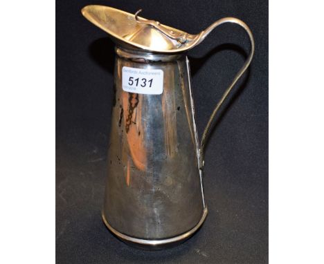 A silver plated insulated conical hot water jug, by W A S Benson, hinged cover with rivets, upturned spout, scroll handle, en