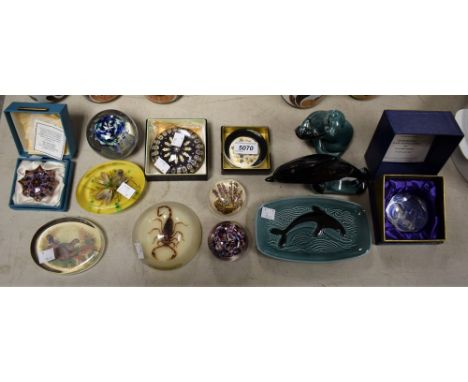 Paperweights including Tutor crystal; Poole original models and dish 
