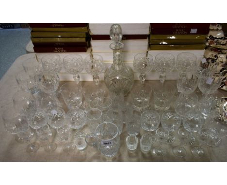 Glassware - a cut glass decanter and tumbler set for six; others, wine glasses, liqueur glasses, hock glasses, etc