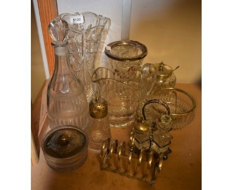 Glass - a silver metal collared ice bucket;  cut glass vase;  stoppered decanter;  EPNS cruet set, toast rack etc 