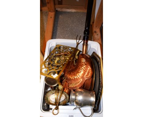 Metalware -a brass octagonal charger; a pair of brass ejector candlesticks; copper kettle; pewter plates; brass chamber stick