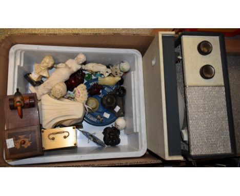 Boxes and Objects - an Art Nouveau pewter inkwell, c1900; a novelty cigarette dispenser, a Civic record player; Bilston ename