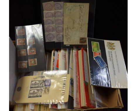 Stamps - a box of stamps, club books, first day covers, mini sheets, stock book of Australian states, GB penny imperf on cove