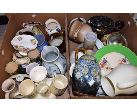 Ceramics - a Doulton Lambeth whisky flask, c1900; lustre jugs; Celtic Pottery Phoenix pattern beakers; Continental art potter