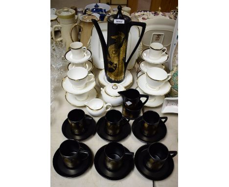 Ceramics - a Portmeireon Phoenix coffee set, coffee pot, six cups and saucers, sugar and creamer; a set of four Wedgwood teac