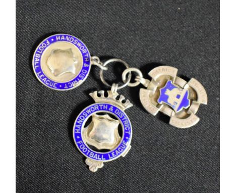 Three silver and enamel fobs; two Handsworth and District football league and a Coventry District Cyclists, August 13th 1887 