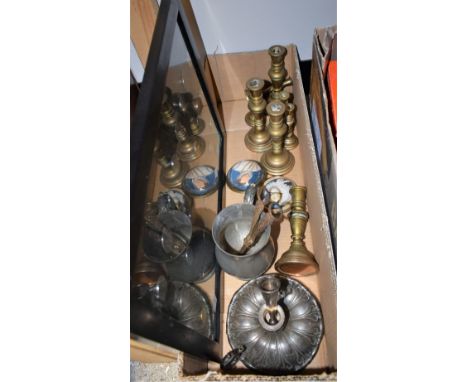 A reproduction set of Coins of the Realm, 500 years of the British Monarchy, cased; brass candlesticks; EP chamber stick; pew