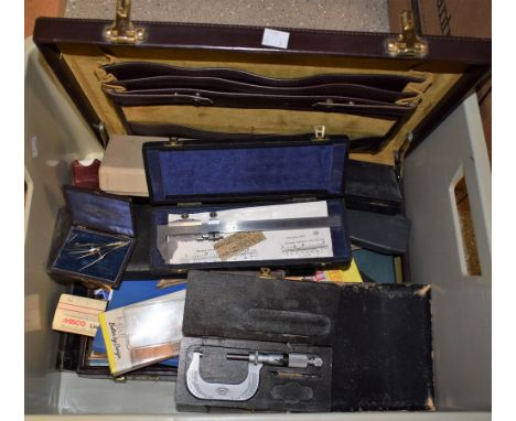 Tools and Drawing Equipment - a Moore & Wright micrometer; a Chesterman's Vernier calipers; protractors; slide rules; geometr