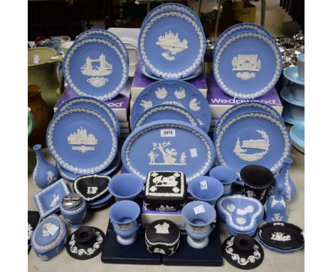Wedgwood Jasperware Christmas plates, 1960's and later; other blue and black jasper ware including vases, trinket dishes, box
