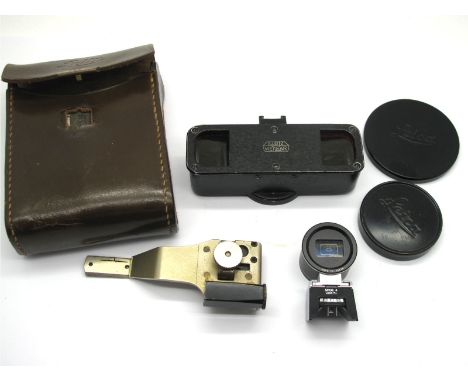 Leitz Double Viewing Aperture, with bracket, in leather case, two Leica Camera Lens Caps, Viewfinder.