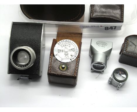 Leitz Viewfinder 5cm, in leather case, Leitz Viewfinder 3.5, in leather case, Leica Light Meter, Kuhn Wetzler Fit Shoe Mount 