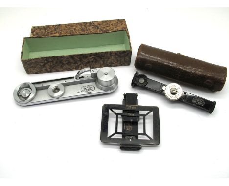 Leica Leitz Fokos Wetzler, in leather case, viewfinder, Leitz Leica Rapid Winder, boxed. (3)