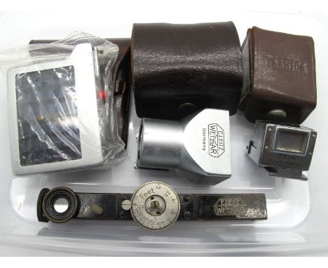 Leitz Range Finder, Leica Meter, in leather case, Leitz Viewing Aperture, in leather case, Folding Viewing Aperture by Leitz,
