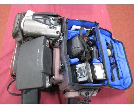Pentax P30 Camera Body, Pentax flash, Miranda flash, Rollei X115 camera in shoulder carry bag, Polaroid 101 instamatic canon 