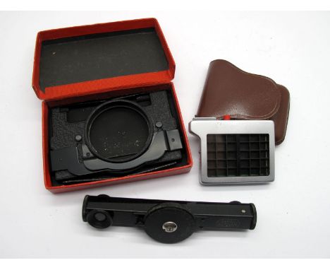 Leitz Leica Summicron Lens Hood, 5cm boxed, Leica light meter booster, cased, Leitz range Finder.