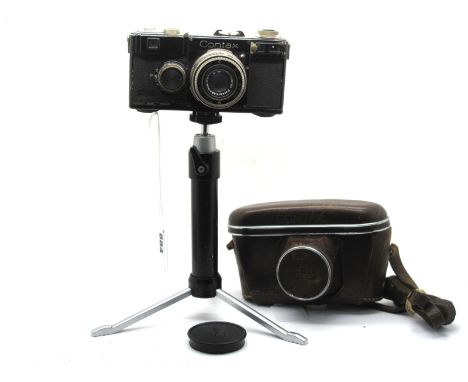 Contax I Type F Camera, Zeiss Ikon body with Tessar 1:2.8 f=5cm lens No 438102, on swivel and ball folding tripod and leather